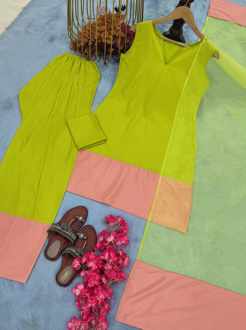 Lime Olive Green Designer Natural Crepe Silk Farshi Palazzo and Dupatta