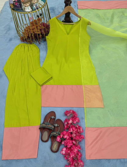 Lime Olive Green Designer Natural Crepe Silk Farshi Palazzo and Dupatta