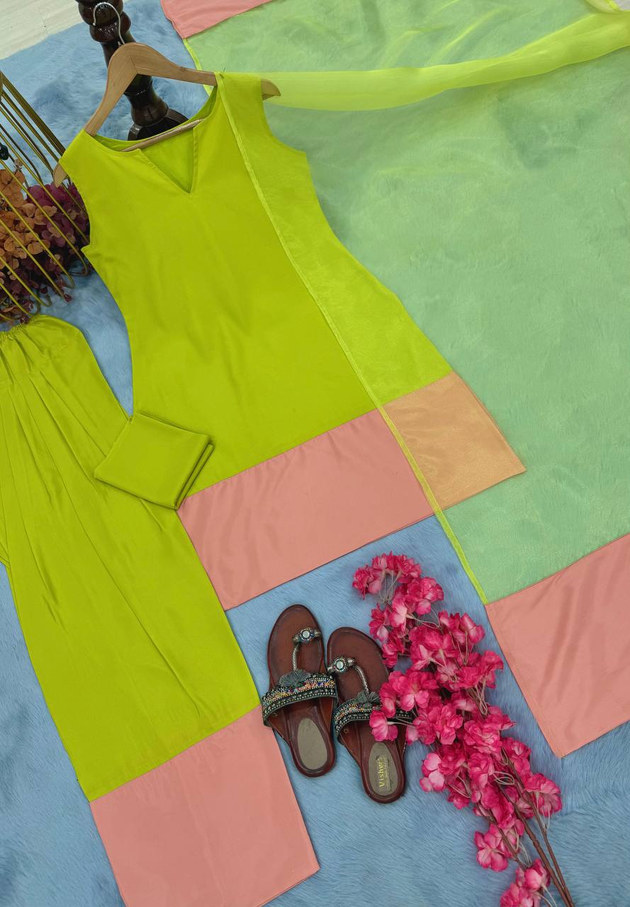 Lime Olive Green Designer Natural Crepe Silk Farshi Palazzo and Dupatta