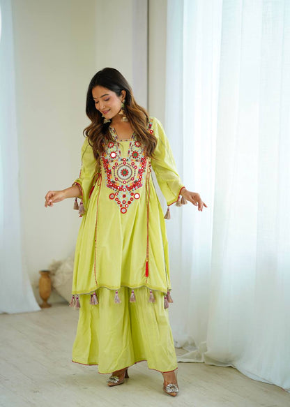 Lime Olive Green Pure Khadi Cotton Embroidery Mirror Work Palazzo Suit