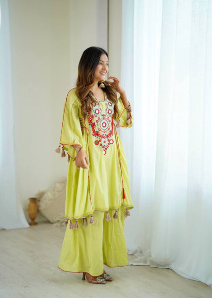 Lime Olive Green Pure Khadi Cotton Embroidery Mirror Work Palazzo Suit