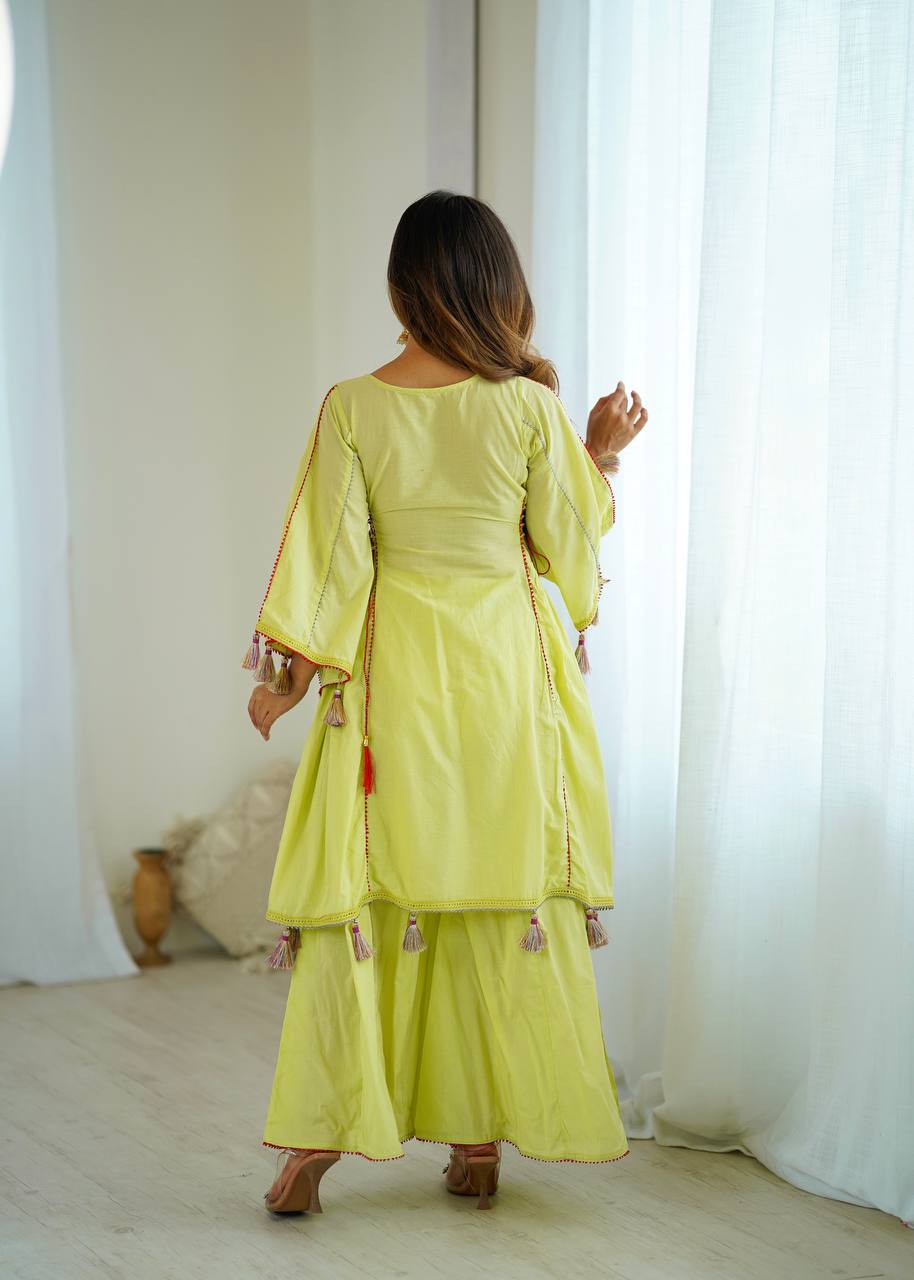 Lime Olive Green Pure Khadi Cotton Embroidery Mirror Work Palazzo Suit