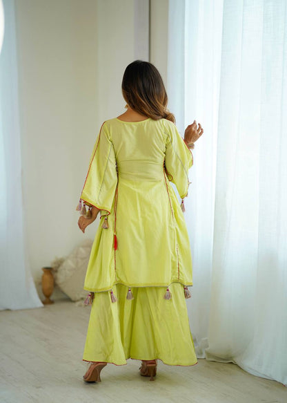 Lime Olive Green Pure Khadi Cotton Embroidery Mirror Work Palazzo Suit