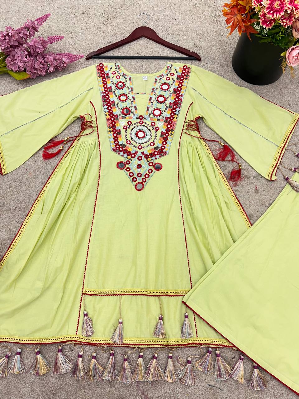 Lime Olive Green Pure Khadi Cotton Embroidery Mirror Work Palazzo Suit