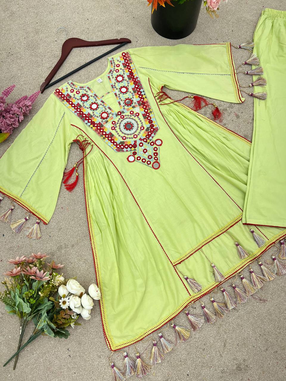 Lime Olive Green Pure Khadi Cotton Embroidery Mirror Work Palazzo Suit