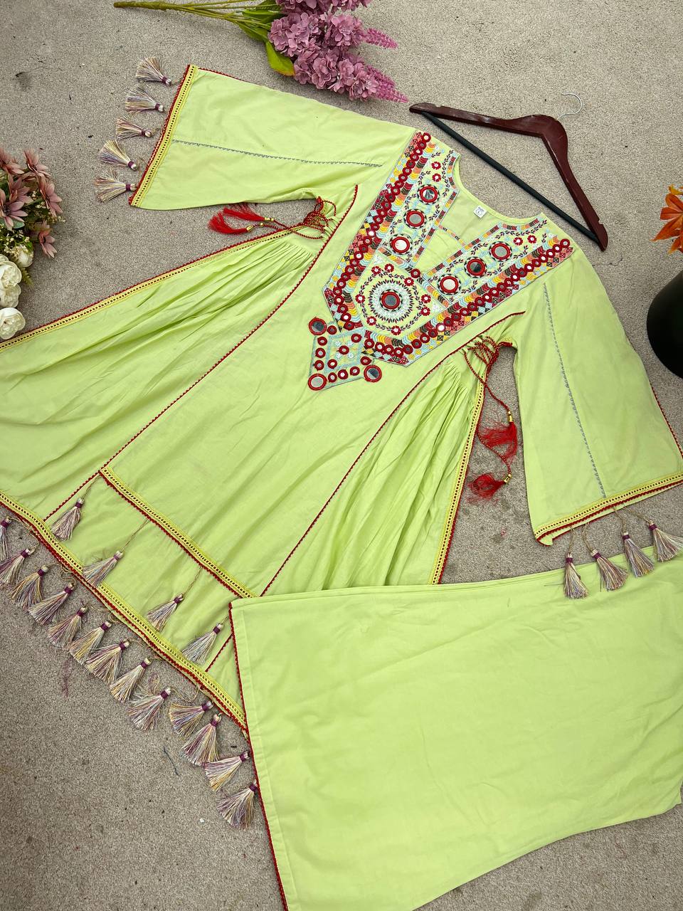 Lime Olive Green Pure Khadi Cotton Embroidery Mirror Work Palazzo Suit