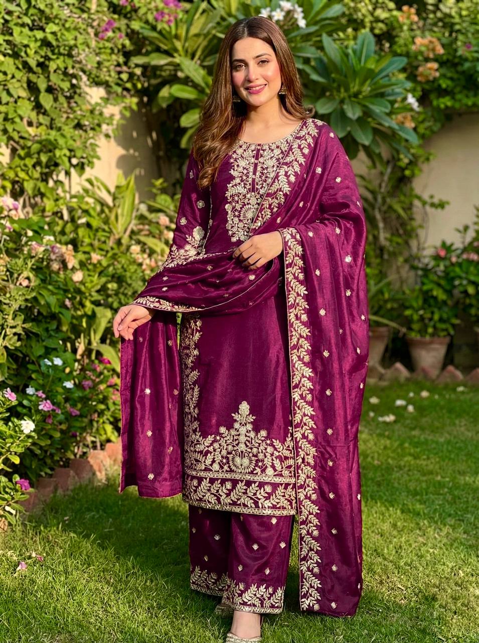 Magenta Pink Designer GMY Silk Plazzo suit and Dupatta For Party Wear