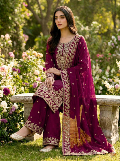 Magenta Pink Designer GMY Silk Plazzo suit and Dupatta For Party Wear
