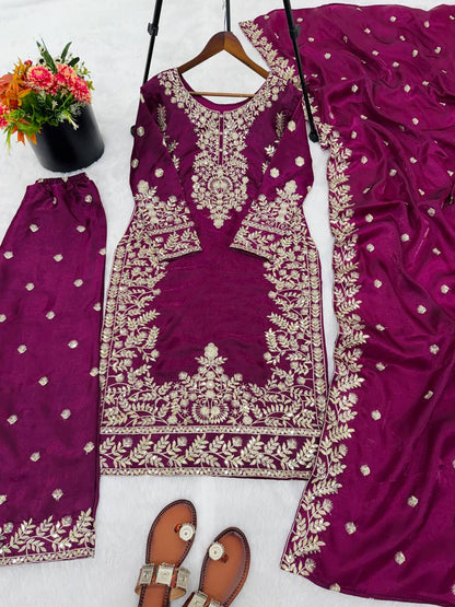 Magenta Pink Designer GMY Silk Plazzo suit and Dupatta For Party Wear