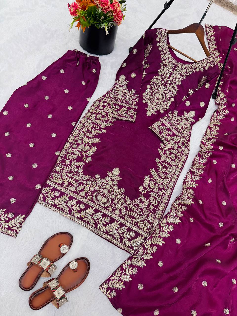 Magenta Pink Designer GMY Silk Plazzo suit and Dupatta For Party Wear