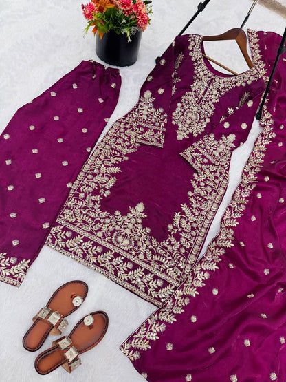 Magenta Pink Designer GMY Silk Plazzo suit and Dupatta For Party Wear