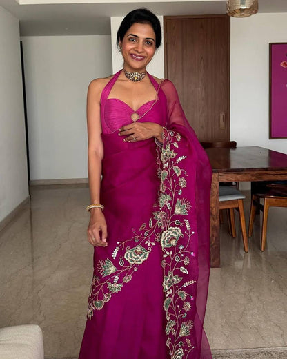 Magenta Pink Designer Soft Embroidery Organza Saree and Silk Blouse