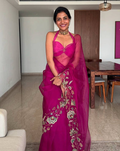 Magenta Pink Designer Soft Embroidery Organza Saree and Silk Blouse