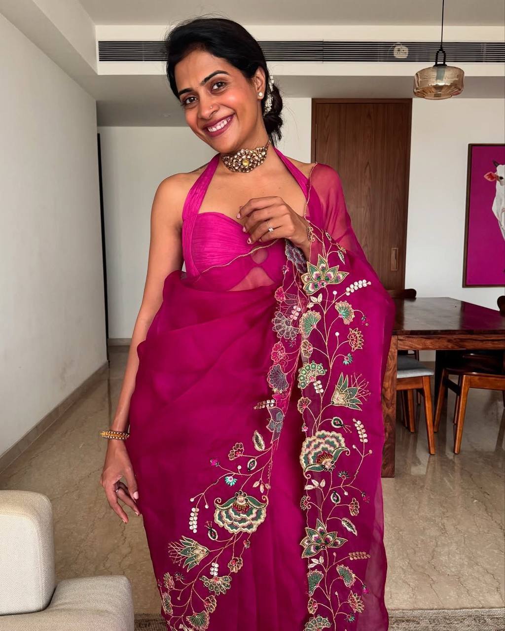 Magenta Pink Designer Soft Embroidery Organza Saree and Silk Blouse