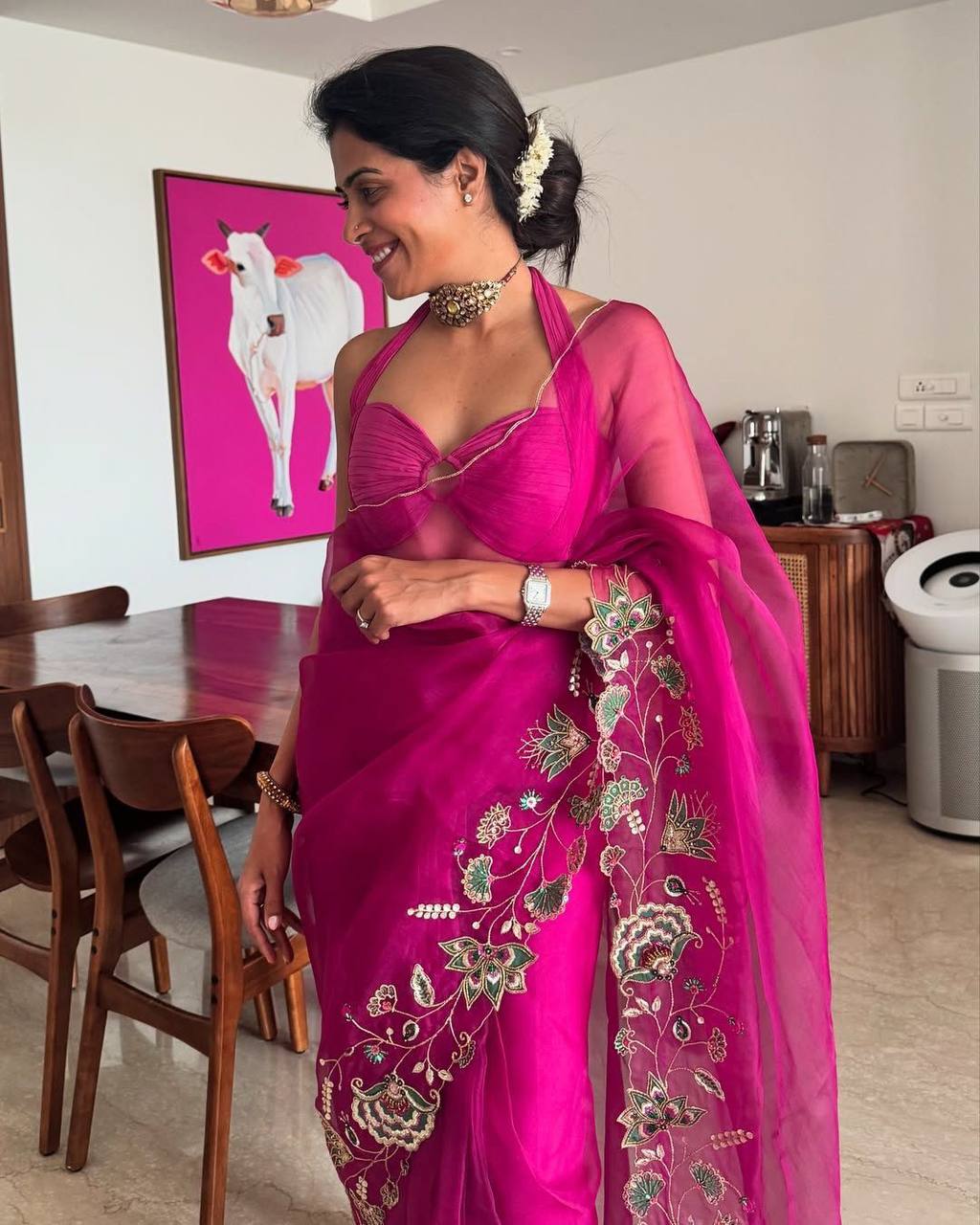 Magenta Pink Designer Soft Embroidery Organza Saree and Silk Blouse