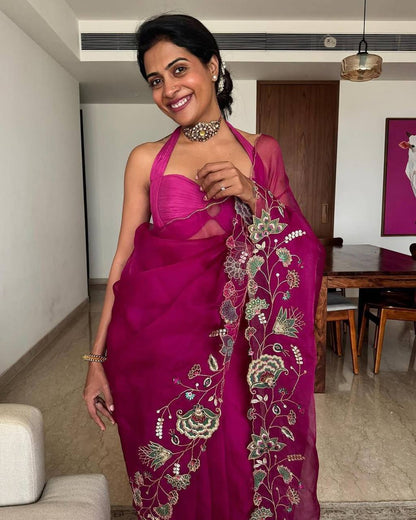 Magenta Pink Designer Soft Embroidery Organza Saree and Silk Blouse