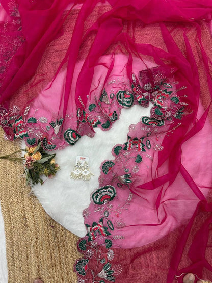 Magenta Pink Designer Soft Embroidery Organza Saree and Silk Blouse