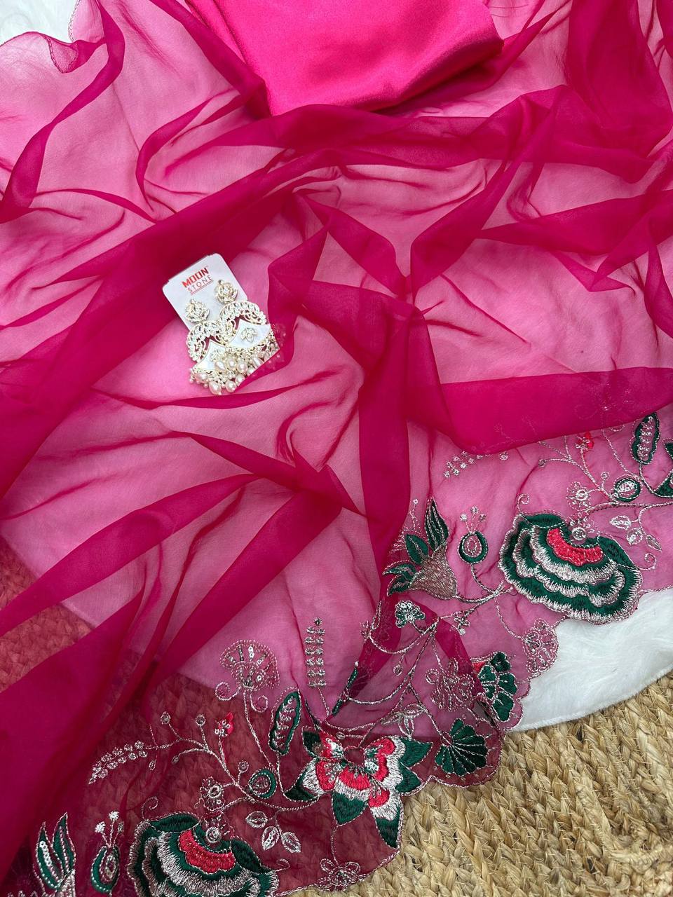 Magenta Pink Designer Soft Embroidery Organza Saree and Silk Blouse