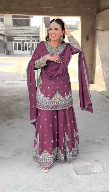 Magenta Purple Designer Chinnon Silk Sharara and Dupatta For Party Wear