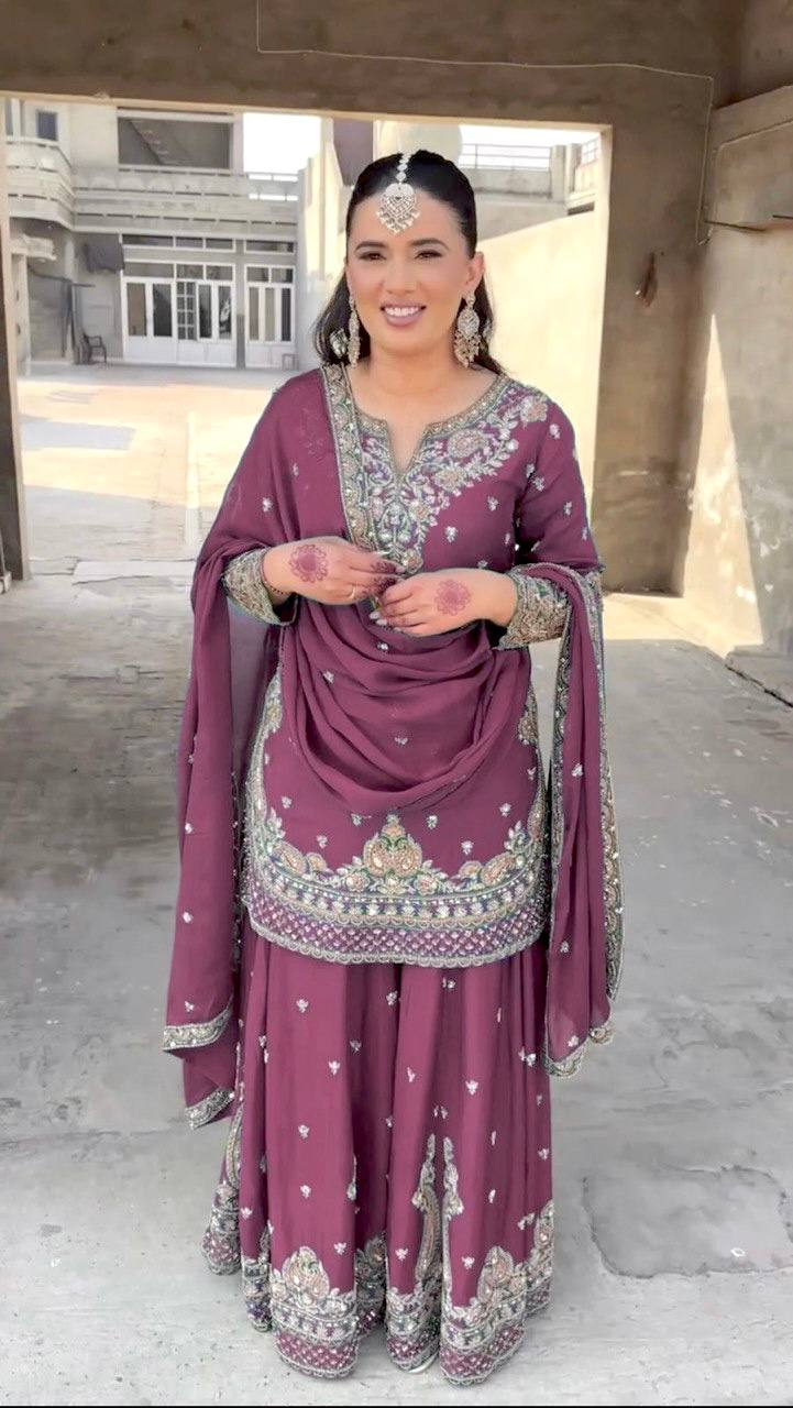 Magenta Purple Designer Chinnon Silk Sharara and Dupatta For Party Wear