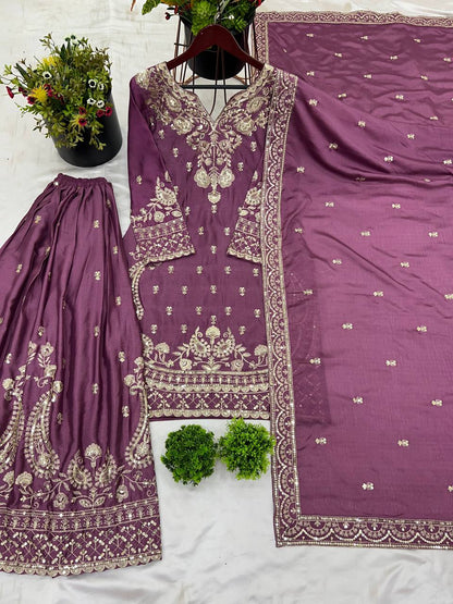 Magenta Purple Designer Chinnon Silk Sharara and Dupatta For Party Wear