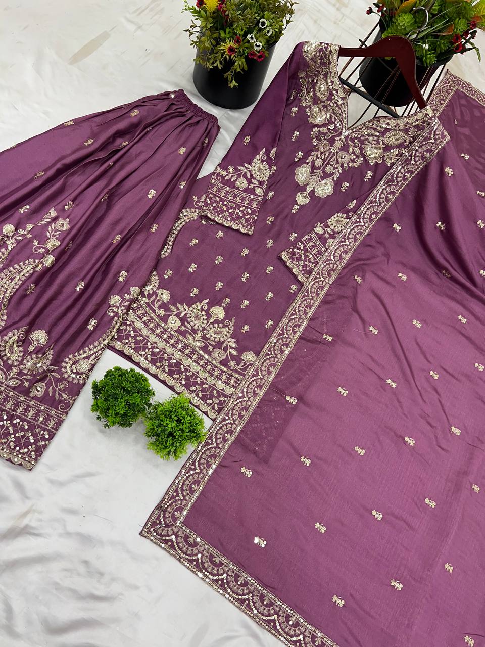 Magenta Purple Designer Chinnon Silk Sharara and Dupatta For Party Wear