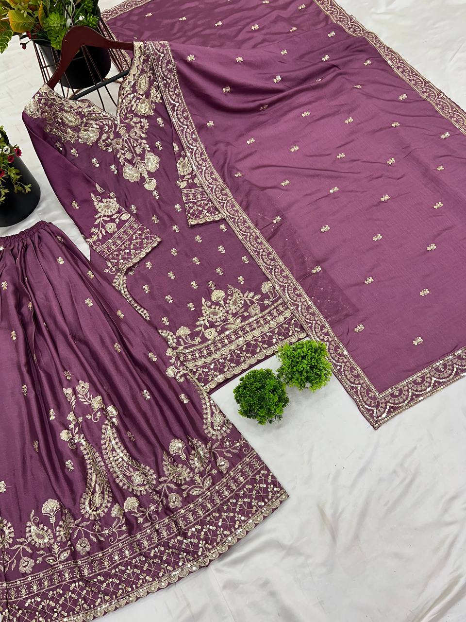 Magenta Purple Designer Chinnon Silk Sharara and Dupatta For Party Wear