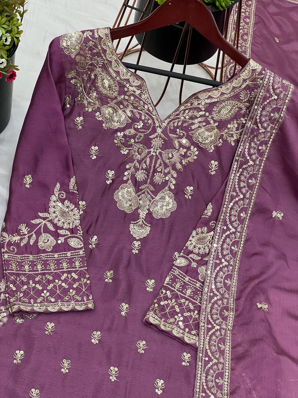 Magenta Purple Designer Chinnon Silk Sharara and Dupatta For Party Wear