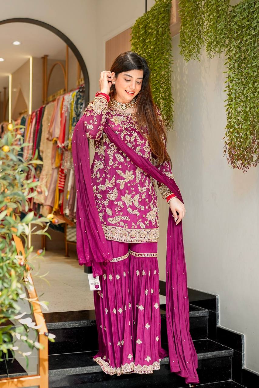 Magenta Purple Designer Georgette Palazzo Suit and Dupatta For Party Wear 