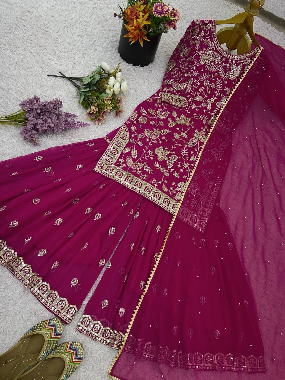 Magenta Purple Designer Georgette Palazzo Suit and Dupatta For Party Wear 