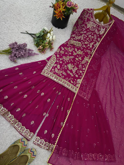 Magenta Purple Designer Georgette Palazzo Suit and Dupatta For Party Wear 