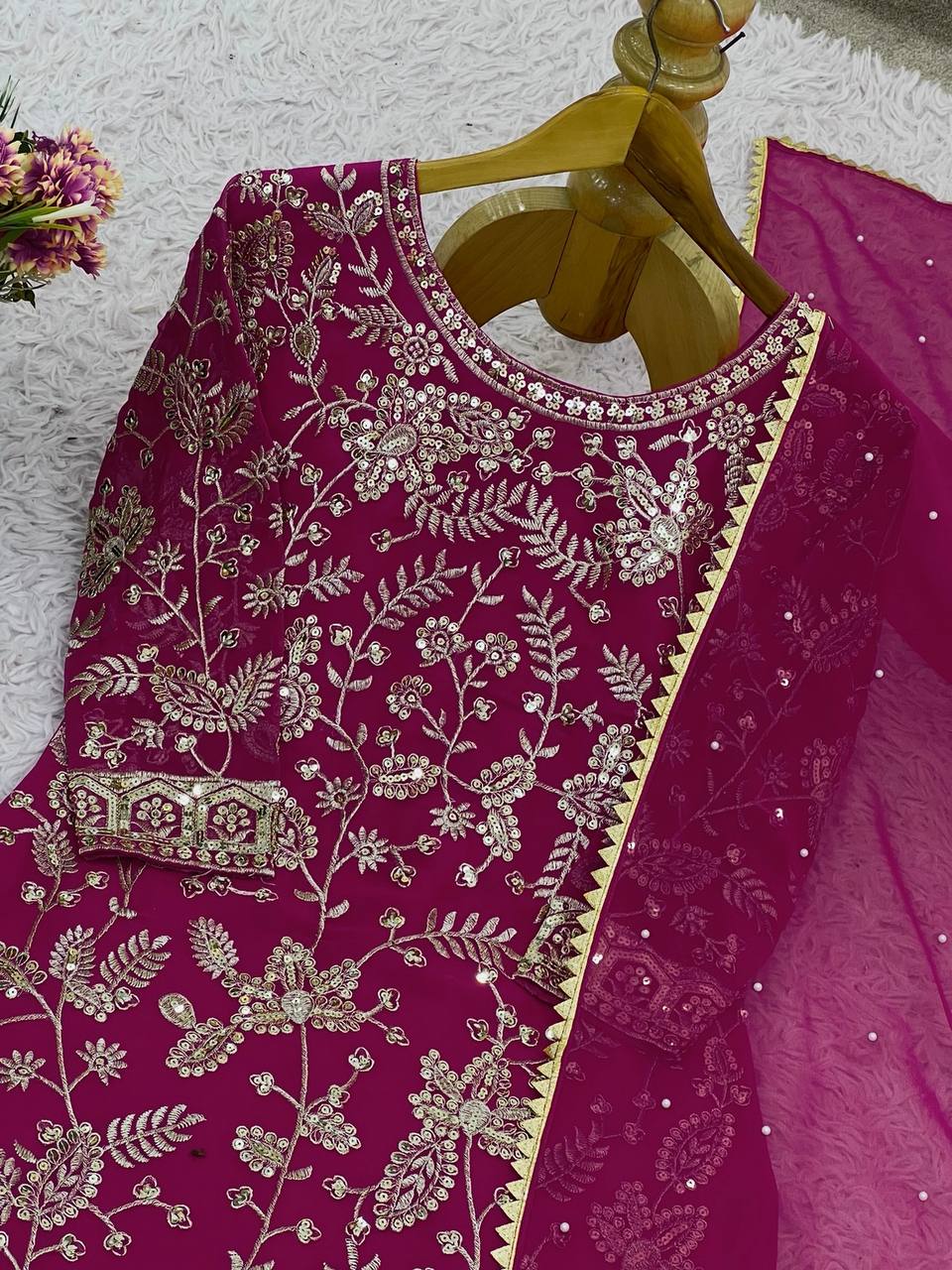 Magenta Purple Designer Georgette Palazzo Suit and Dupatta For Party Wear 