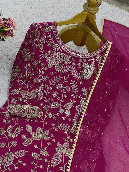 Magenta Purple Designer Georgette Palazzo Suit and Dupatta For Party Wear 