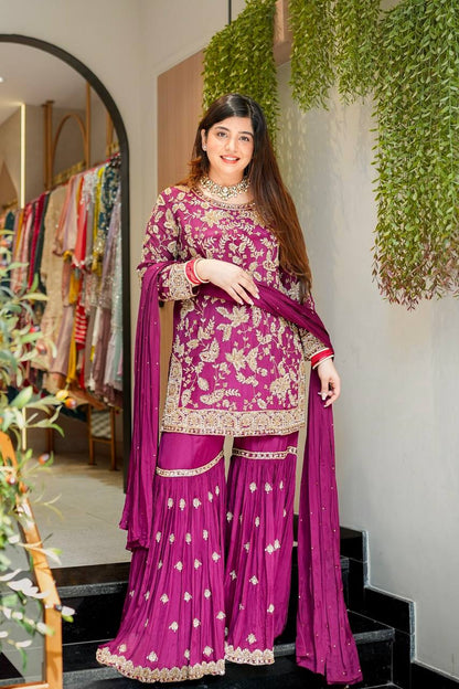 Magenta Purple Designer Georgette Palazzo Suit and Dupatta For Party Wear 