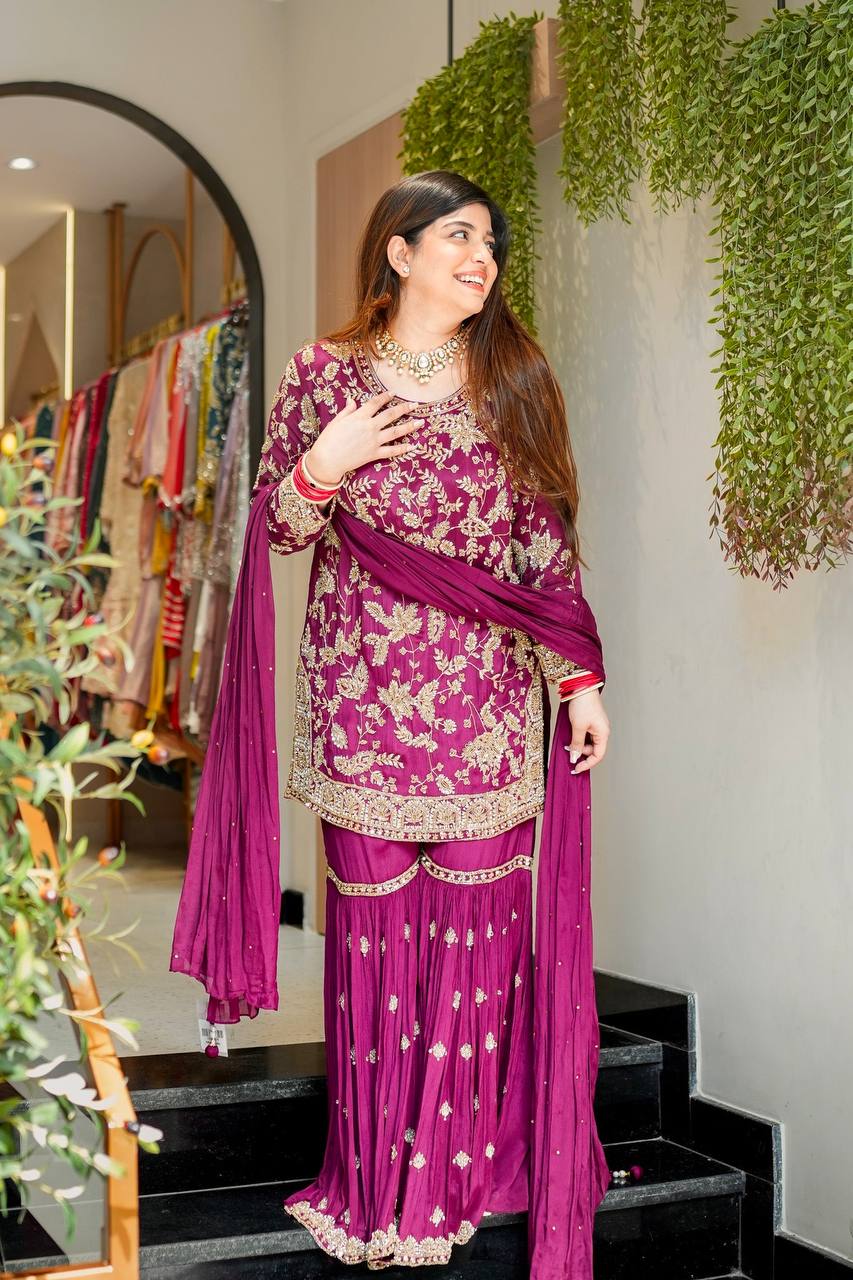 Magenta Purple Designer Georgette Palazzo Suit and Dupatta For Party Wear 