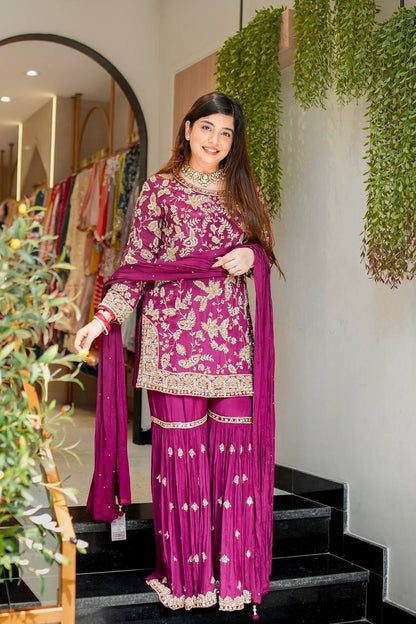 Magenta Purple Designer Georgette Palazzo Suit and Dupatta For Party Wear 