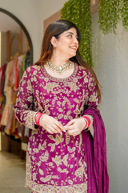Magenta Purple Designer Georgette Palazzo Suit and Dupatta For Party Wear 