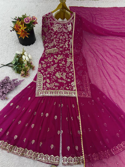 Magenta Purple Designer Georgette Palazzo Suit and Dupatta For Party Wear 
