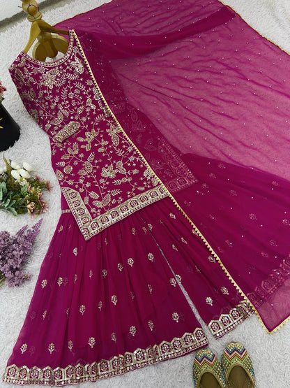 Magenta Purple Designer Georgette Palazzo Suit and Dupatta For Party Wear 