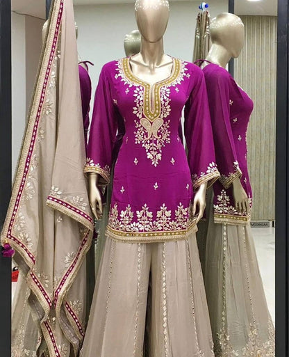 Magenta Purple Faux Georgette Sharara Suit and Dupatta For Party Wear 