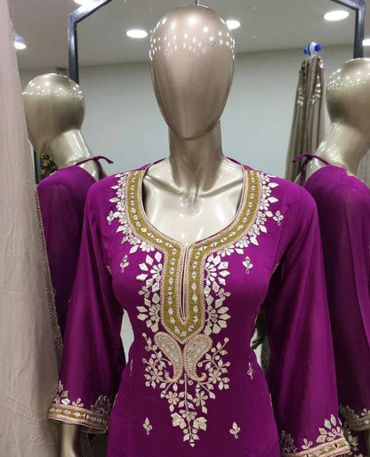 Magenta Purple Faux Georgette Sharara Suit and Dupatta For Party Wear 