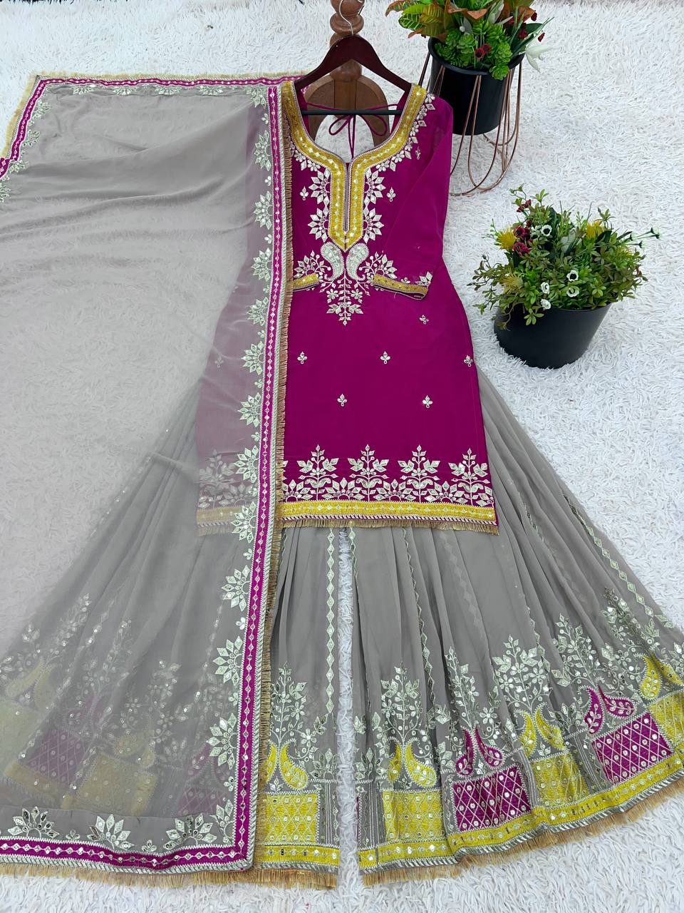 Magenta Purple Faux Georgette Sharara Suit and Dupatta For Party Wear 