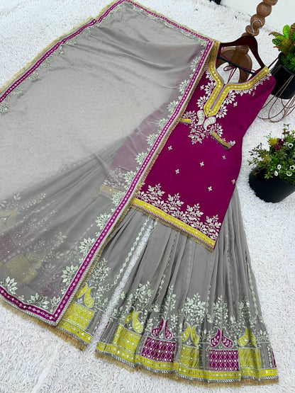 Magenta Purple Faux Georgette Sharara Suit and Dupatta For Party Wear 