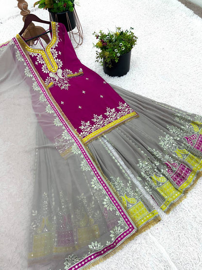 Magenta Purple Faux Georgette Sharara Suit and Dupatta For Party Wear 