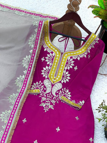 Magenta Purple Faux Georgette Sharara Suit and Dupatta For Party Wear 