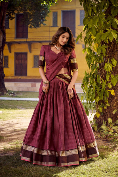Maroon Chettinad Cotton Lehenga Choli with Matching Dupatta