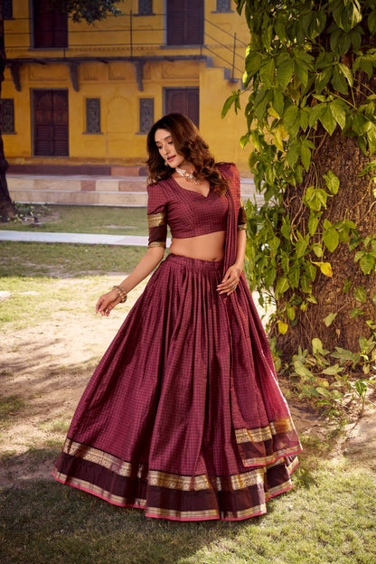 Maroon Chettinad Cotton Lehenga Choli with Matching Dupatta