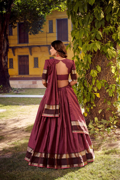 Maroon Chettinad Cotton Lehenga Choli with Matching Dupatta