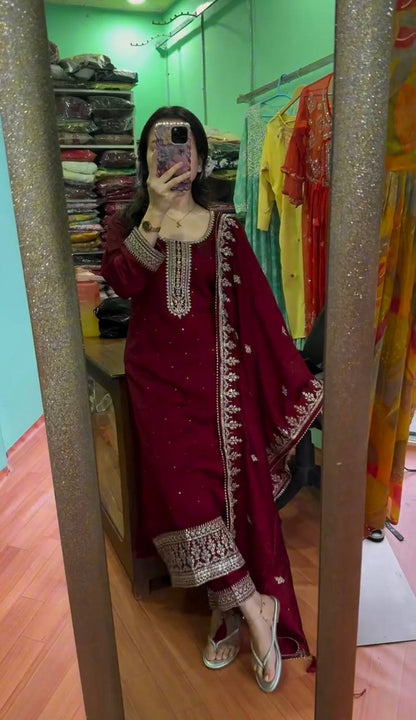 Maroon Chinnon Silk Embroidered Top Pant and Dupatta For Party Wear