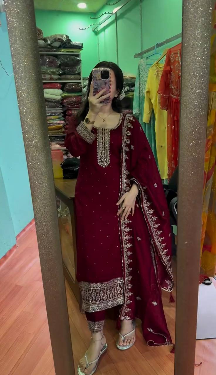 Maroon Chinnon Silk Embroidered Top Pant and Dupatta For Party Wear